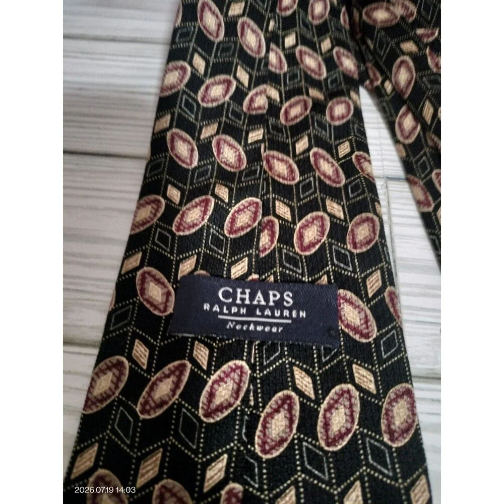 Chaps Ralph Lauren Black Red Tan  Geometric Print Neck Tie Silk USA A26